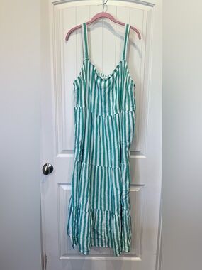 Green & White Striped Tiered Smocked Back Cotton Sundress Sz 2X